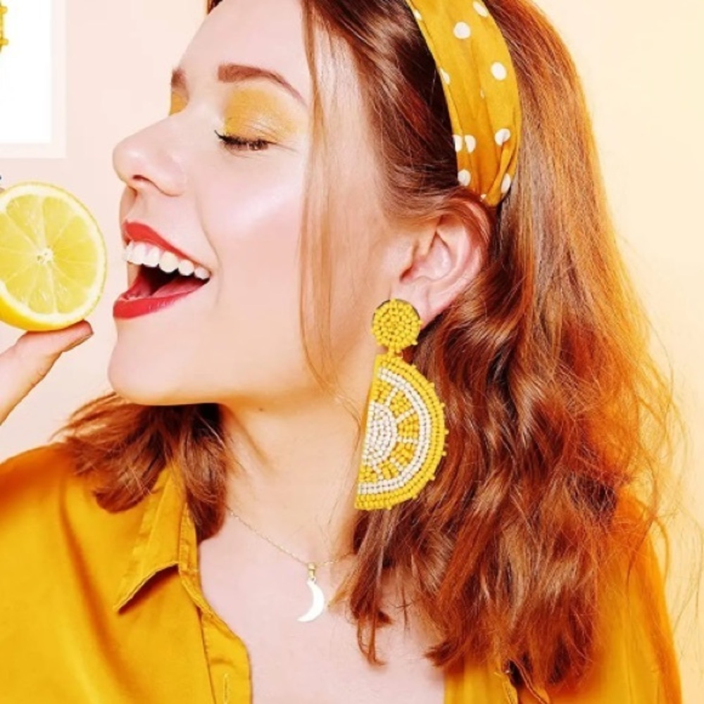 Lemon Earrings Fruit Seed Bead Dangle
